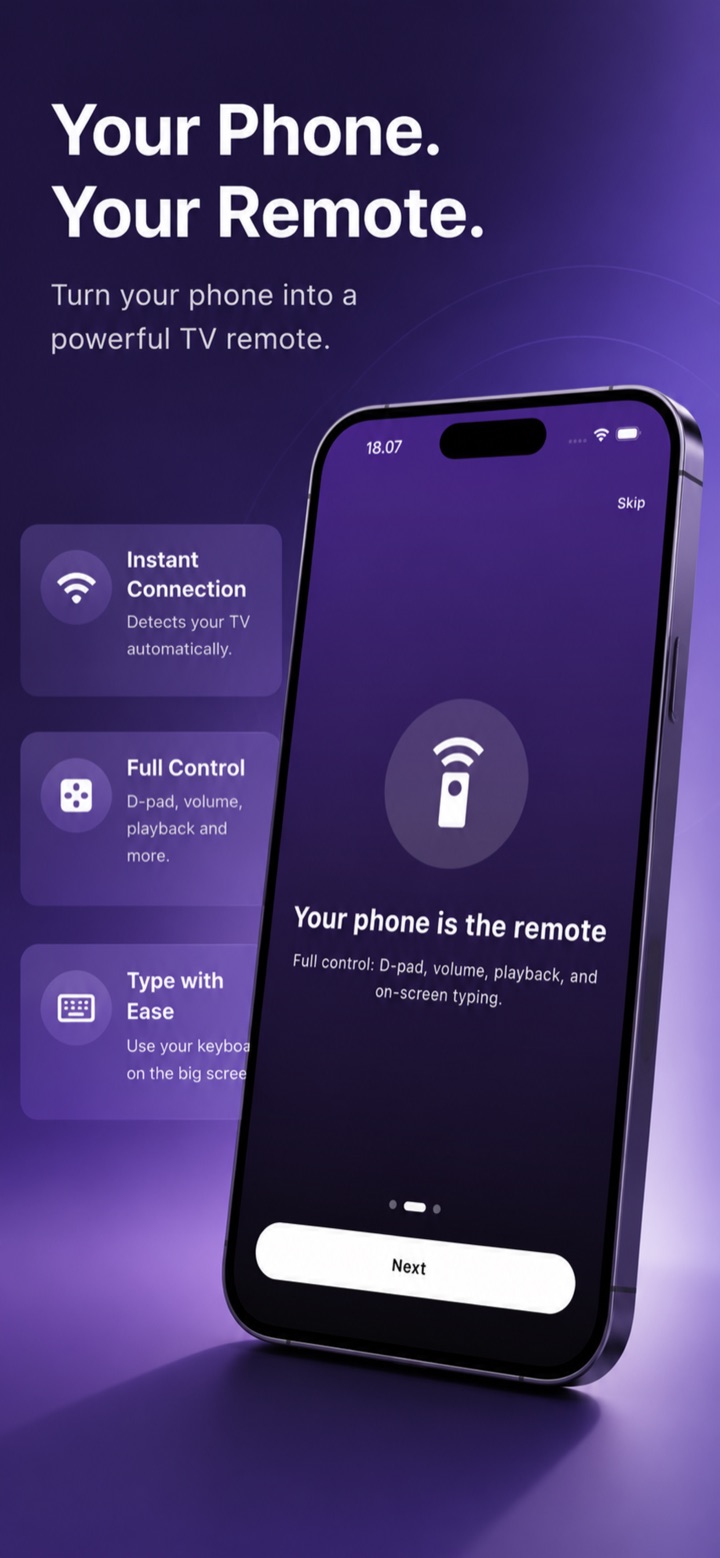 Onboarding screen: your phone becomes a full remote with D-pad, volume and playback